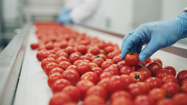factory worker sorting fresh tomatoes on a conveyor belt in a processing plant