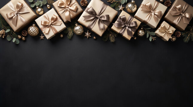 Luxury Christmas Gift Boxes Flat Lay Background with Golden Decorations on Dark Black Surface