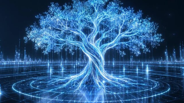 Glowing digital tree pulses in futuristic space. Blue energy roots spread across grid floor while luminous canopy shimmers, creating calm, awe filled sci fi data landscape with radiant branches.