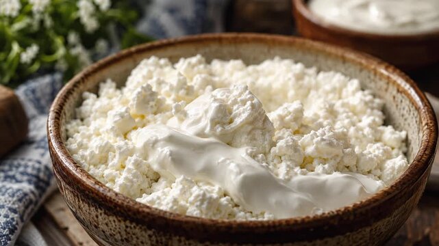 Spoon lifts creamy cottage cheese above ceramic bowl, then lets it settle back over curds. Cottage cheese stays center stage in inviting kitchen still life, suggesting freshness and indulgence.