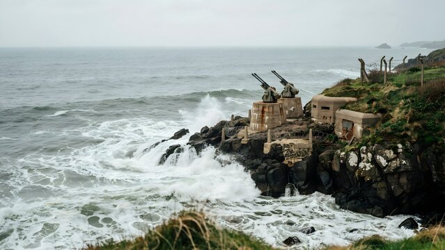 Coastal Defense Installations with Cannons on Rocky Shoreline Under Overcast Sky