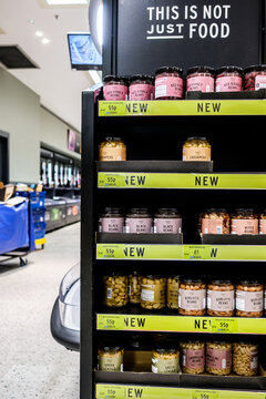Marks And Spencer Display Of A New Range Of Glass Jars Of Healthy Beans and Pulses With Price Labels
