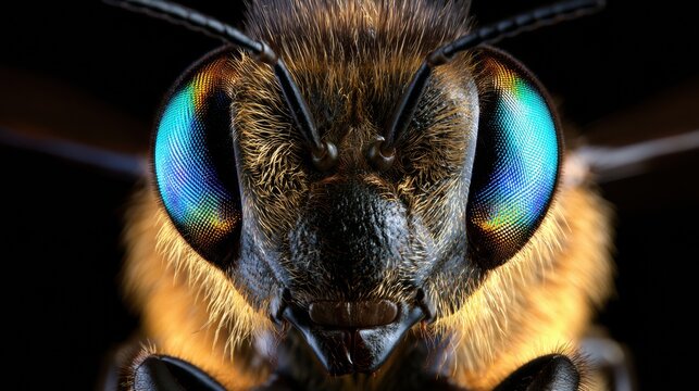 Close-up view of a honeybee face displaying iridescent eyes, fine hairs, and mandibles against a dark background.