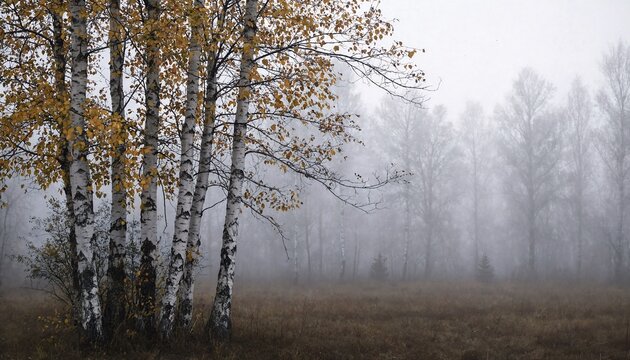 Birch trees with yellow leaves in a foggy forest during autumn with soft natural light