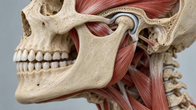 Human jaw opens and closes in anatomical skull model. Muscles and teeth stay visible as mandible pivots at temporomandibular joint, showing precise medical illustration detail and neutral emotion.