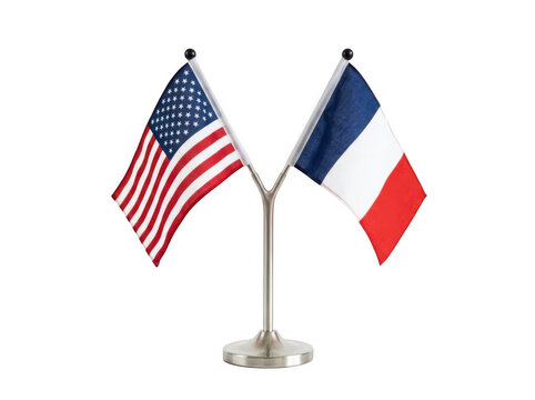 Small desk flags of the united states and france isolated on transparent background