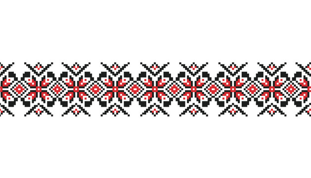 Ukrainian traditional folk embroidery pattern with red and black geometric pixel design elements on a white background.