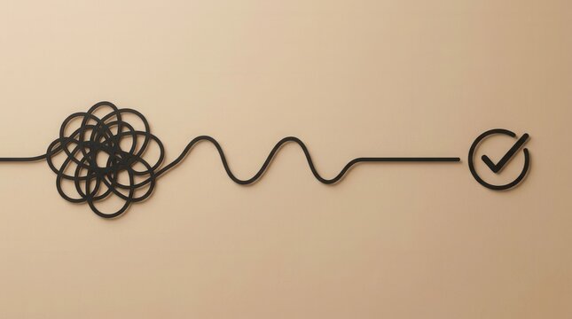 A complex business problem being unraveled from a tangled black line into a straight checkmark on beige.