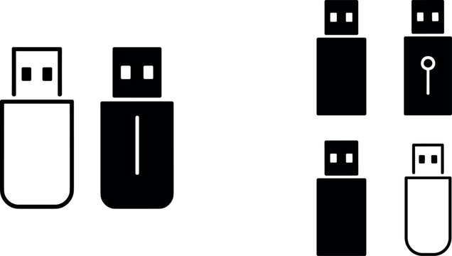 Set of USB flash drive icons in outline and solid vector styles for technology designs