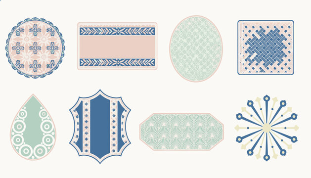 Vintage decorative frames and elegant labels set with classic patterns in pastel green and blue shades for design projects.