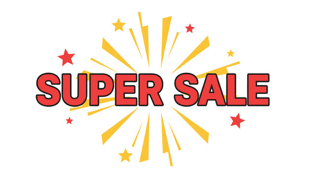 Super sale banner design with vibrant red letters over a colorful yellow explosion burst representing retail discount.