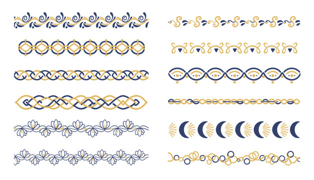 Seamless ornamental borders collection in classic blue and gold colors for elegant invitation cards and certificates.
