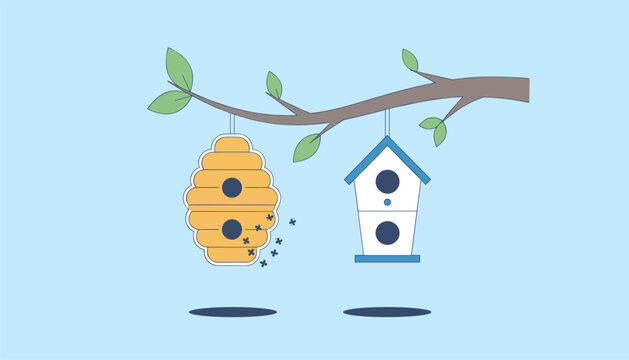 Flat vector illustration of a yellow beehive and a blue birdhouse hanging side by side on a tree branch.
