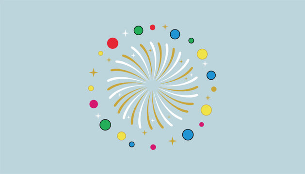 Festive circular fireworks illustration with colorful dots and gold sparkles on a light blue background for events.