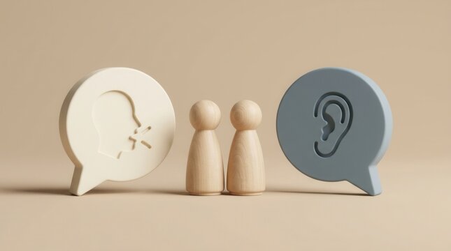 Wooden figures representing active listening and open communication for child psychology therapy.