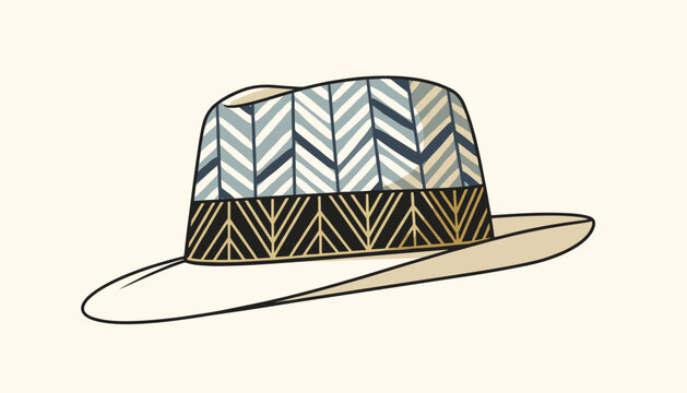 Elegant straw fedora hat illustration with a blue chevron pattern crown and gold geometric trim ribbon on beige.