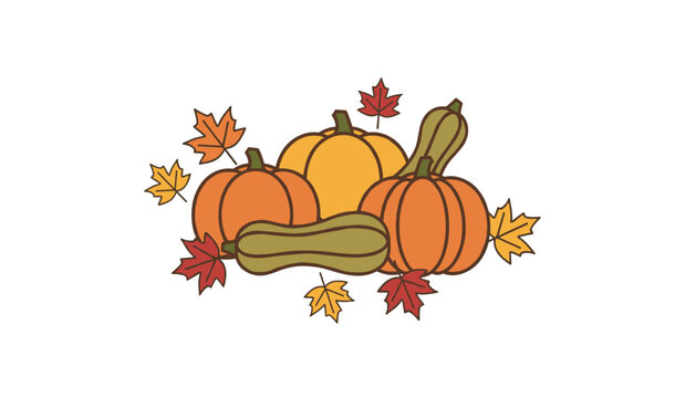 Autumn harvest scene composition showing various colorful pumpkins and maple leaves representing fall thanksgiving.