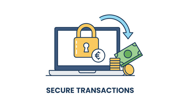 Secure transaction concept illustration with laptop screen showing a padlock and euro sign along with cash and coins.