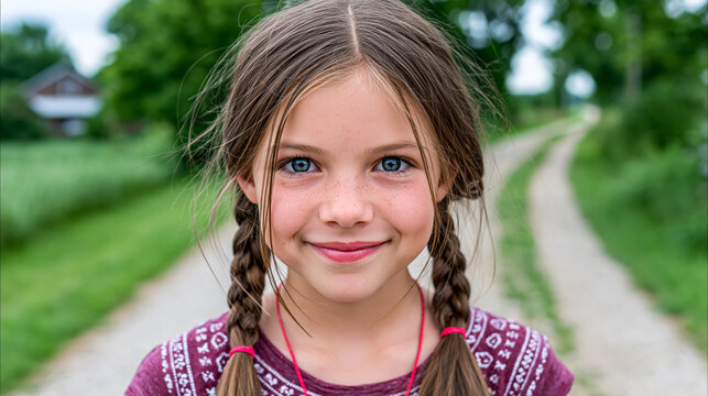 Portrait of a young girl with braided hair standing on a country road looking at camera pigtails