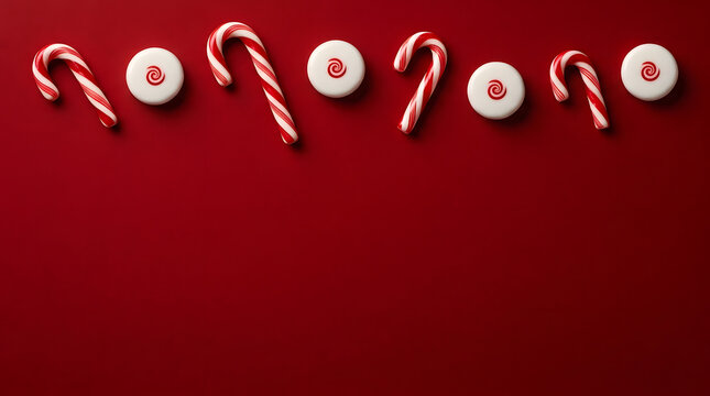 Festive arrangement of red and white peppermint candies and circular sweets on a vibrant red background