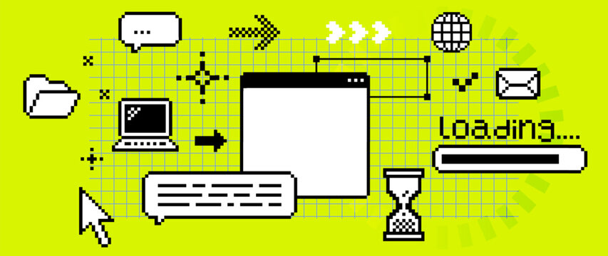 Retro pixel web development background with browser window, laptop, folder, cursor, loading bar, chat, globe and email vector elements for tech, software, web development and digital design
