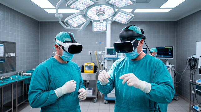 Two surgeons wearing virtual reality headsets for medical training in a modern operating theater