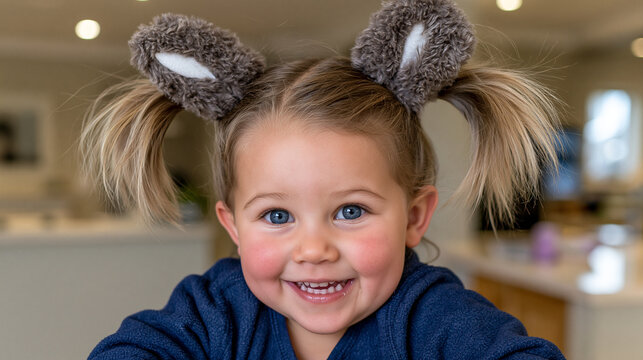 Close up portrait of a smiling little girl wearing fluffy bunny ear headbands with bunny ears
