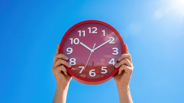 Hands holding a large red analog clock against a clear blue sky for time management.
