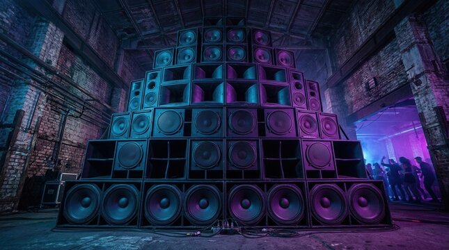 Professional sound system wall featuring large speakers and subwoofers in an industrial club.