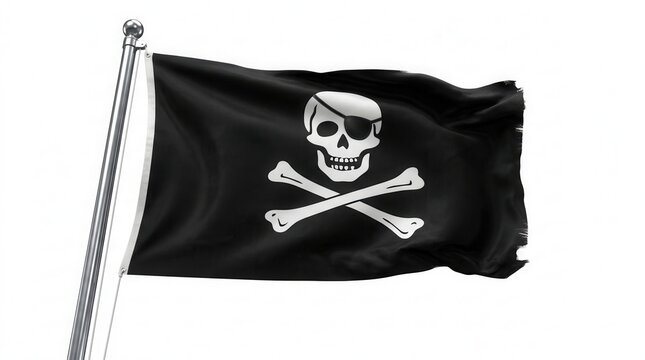 A Jolly Roger pirate flag with a skull and crossbones waving on a silver flagpole isolated on white.