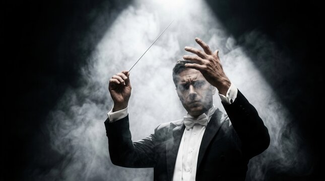 Dramatic orchestral conductor leading with a baton under a smoky spotlight.