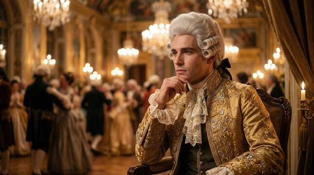 An aristocratic man dressed in elegant eighteenth century costume posing thoughtfully.