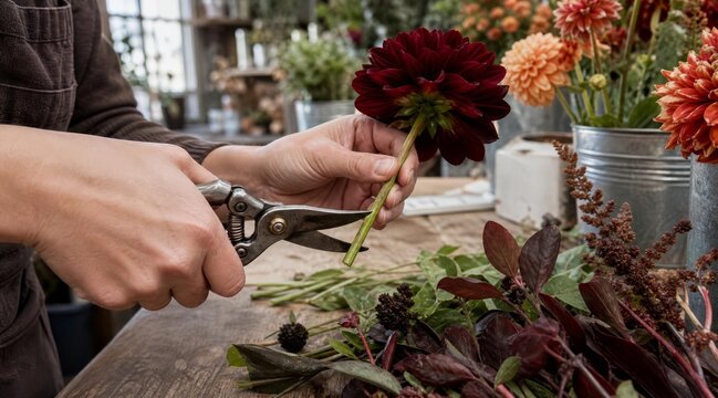 Florist trimming dahlia stem with shears