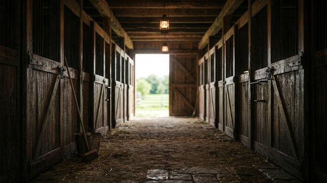 Interior view of a horse stable with wooden stalls and copy space.