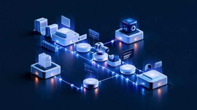 Isometric Futuristic Microchip Network Architecture Concept