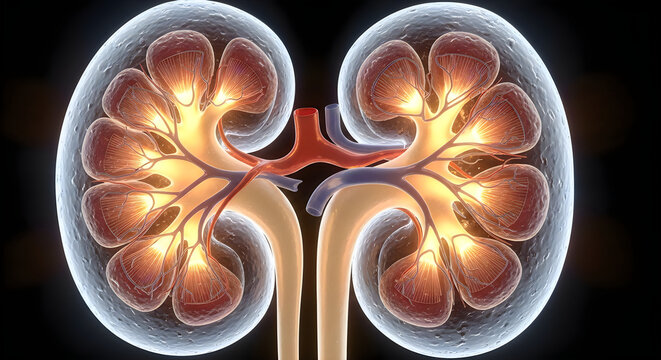 Detailed anatomical illustration of human kidneys with internal structures visible