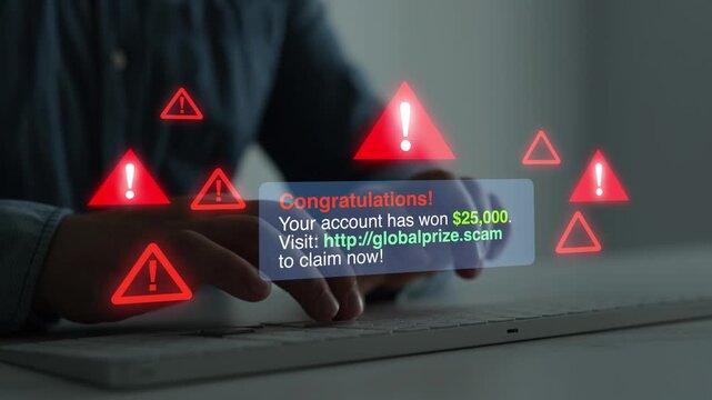 Scam message security concept featuring suspicious text, financial fraud warning and cybercrime risk. Digital protection against phishing, fake banking alerts and online scams.