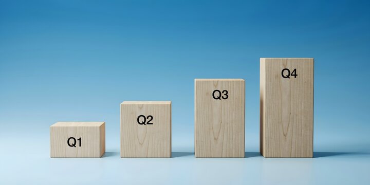 Quarterly Business Growth With Rising Q1 Q2 Q3 Q4 Blocks Representing Progress Performance Success And Development