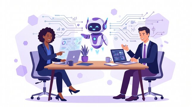Business meeting with ai robot assistant