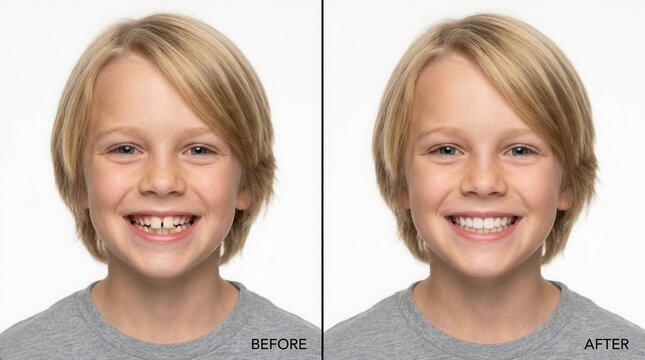 Split frame comparison showing a child with protruding upper teeth versus an aligned bite.