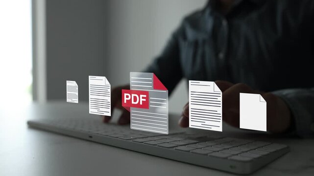 PDF document concept with digital file management, secure data storage, online sharing, business records, electronic paperwork, cloud access and modern office workflow technology.	
