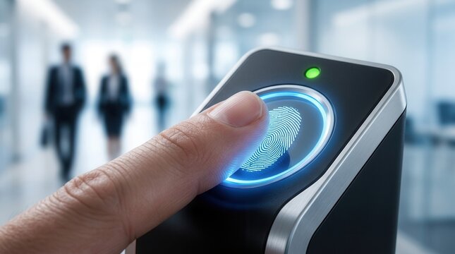 Biometric fingerprint reader plate with scanning light for identity verification technology.