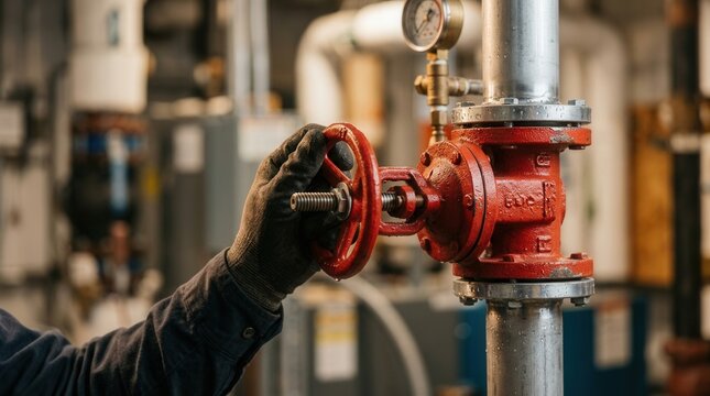 Professional fire sprinkler system inspector testing a red pressure valve.