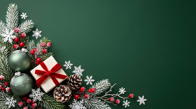 Festive christmas corner with gifts ornaments and delicate snowflakes on a dark green background