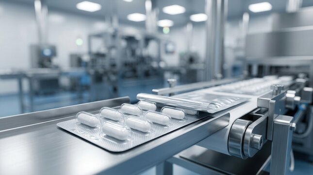 Pharmaceutical blister sealing machine with capsule-filled blisters in sharp focus.