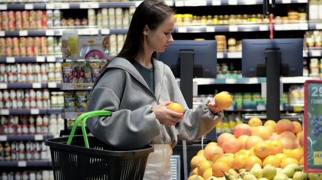Close ap a young woman selecting fresh fruit in a supermarket or at a market; a female shopper holding a piece of fresh fruit while shopping.