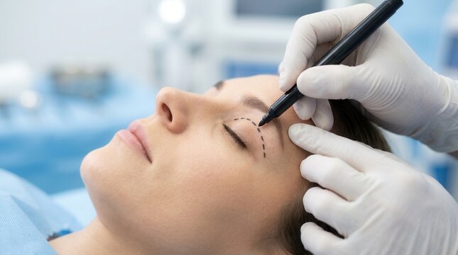 Surgeon performing blepharoplasty eyelid surgery skin marking on a female patient.