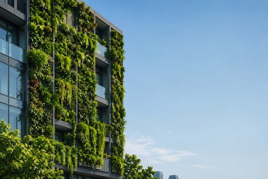 Urban Oasis: A modern building facade is transformed into a vibrant vertical garden, a testament to sustainable architecture and harmonious coexistence between nature and city.