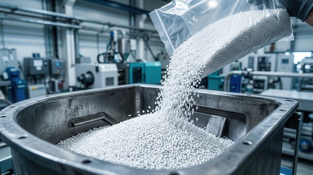 White plastic resin pellets being poured from a clear industrial bag into a large mixing hopper.