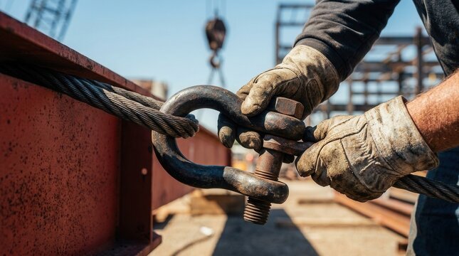 Worker performing a heavy lift crane rigging operation with steel shackles.